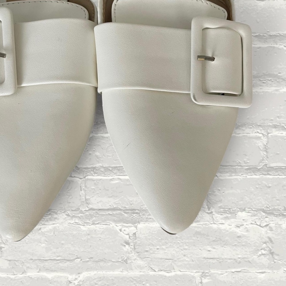 White Pointed Toe Buckle Mules - Picture 2 of 4